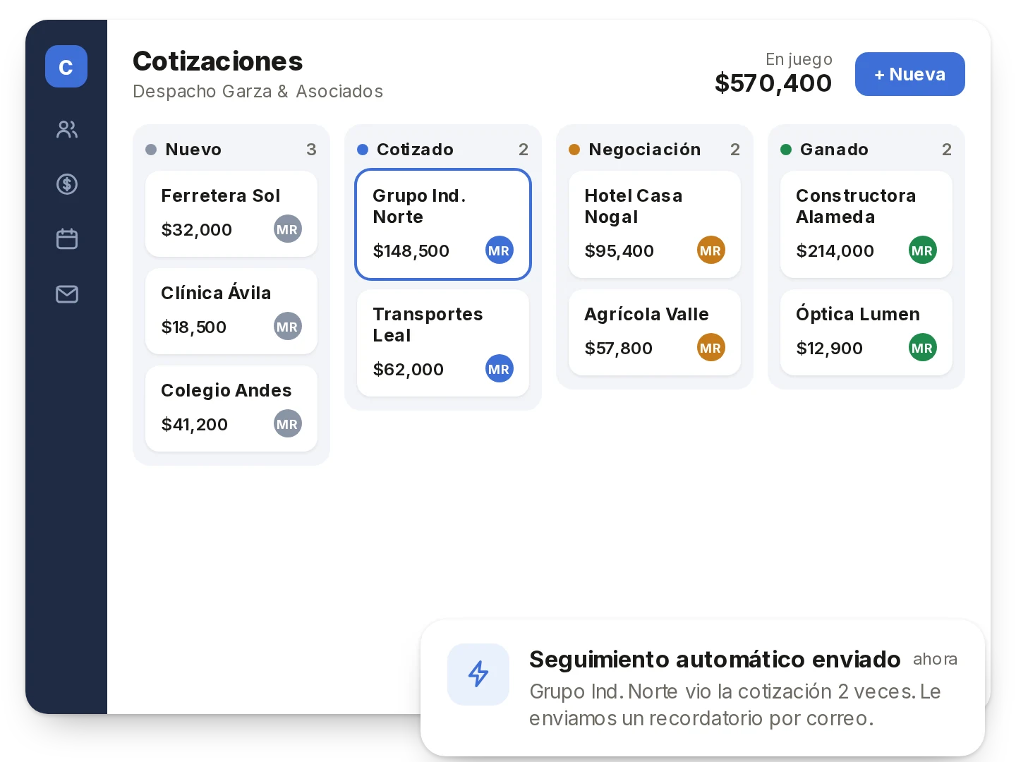 CRM con cotizaciones por etapa y un aviso de seguimiento automático enviado