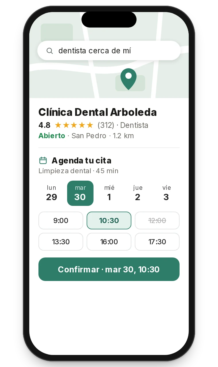 Celular con una clínica dental encontrada en el mapa y su agenda para reservar cita